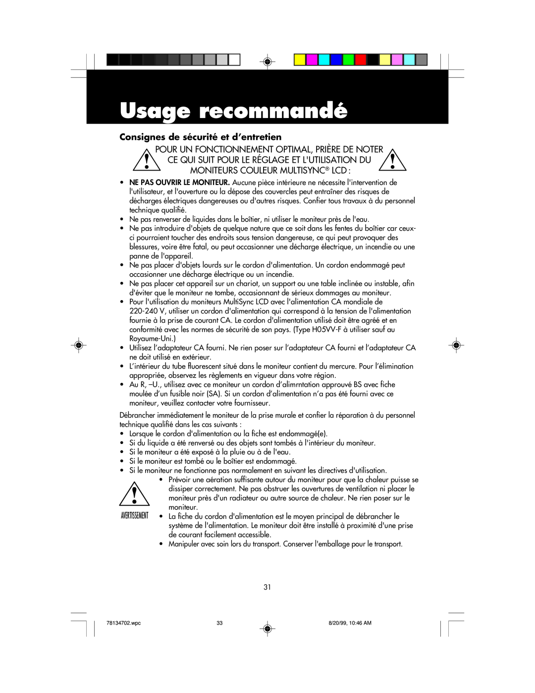 NEC LCD1510+ user manual Usage recommandé, Consignes de sécurité et d’entretien 