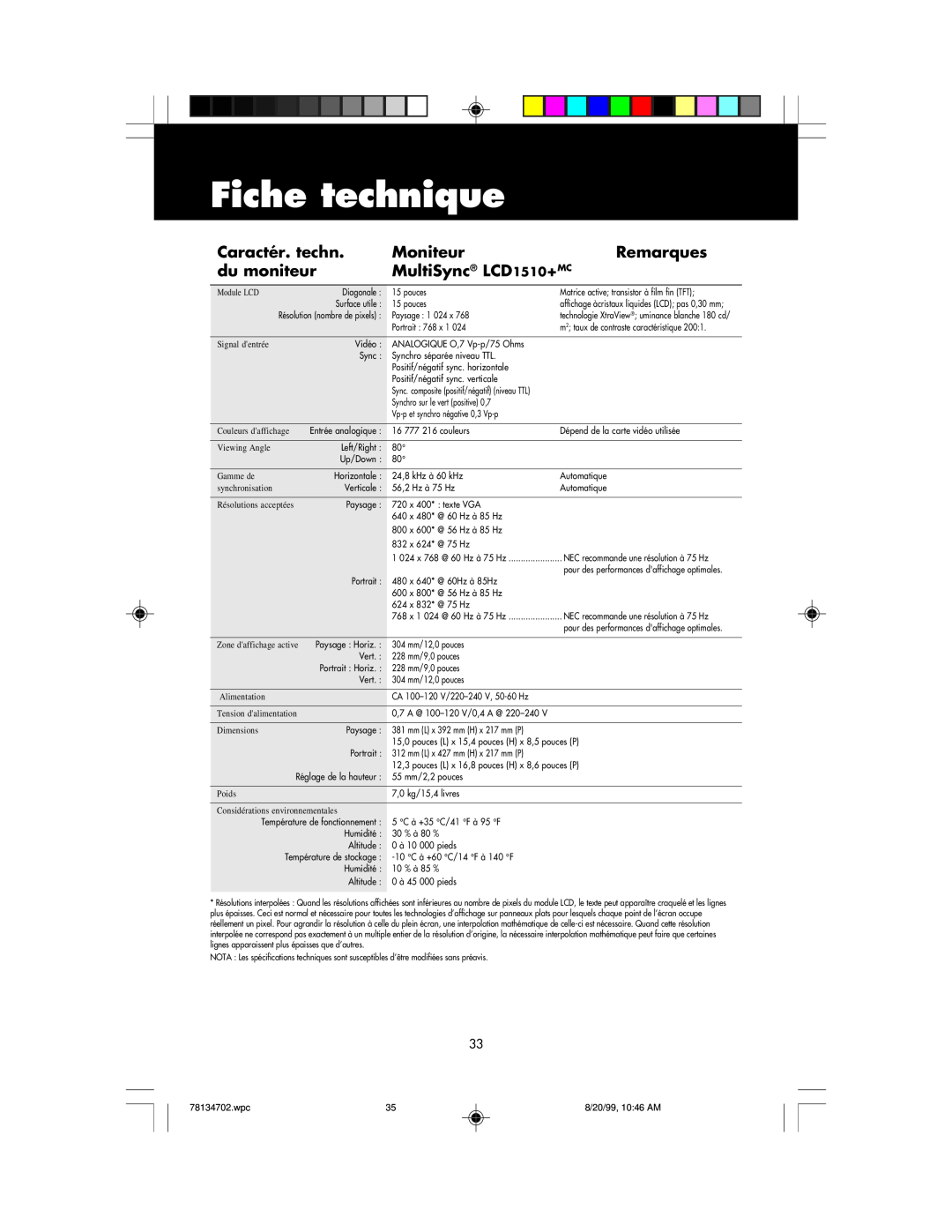 NEC user manual Fiche technique, Caractér. techn, Moniteur, Remarques, du moniteur, MultiSync LCD1510+MC 