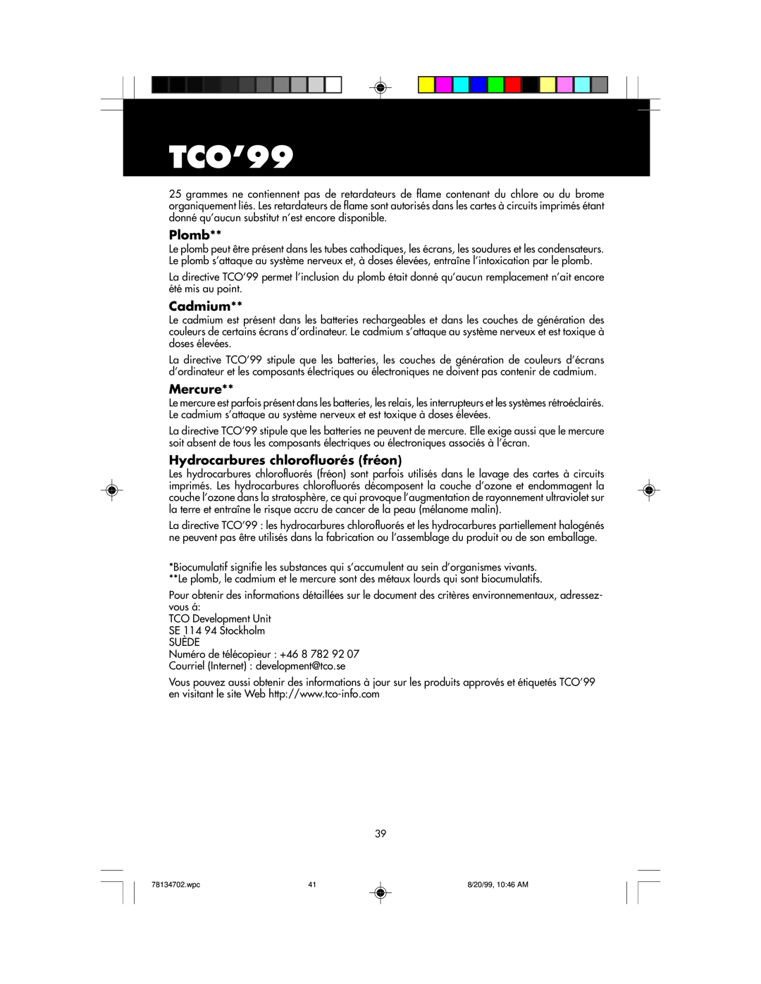 NEC LCD1510+ user manual TCO’99, Plomb, Cadmium, Mercure, Hydrocarbures chlorofluorés fréon 