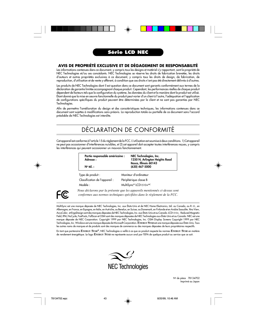 NEC LCD1510+ user manual Déclaration De Conformité, Série LCD NEC 