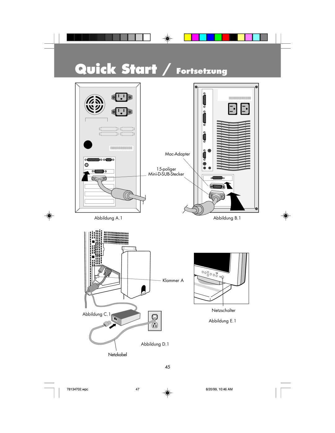 NEC LCD1510+ user manual Quick Start / Fortsetzung, Mac-Adapter 15-poliger Mini-D-SUB-Stecker, Abbildung A.1, Abbildung B.1 