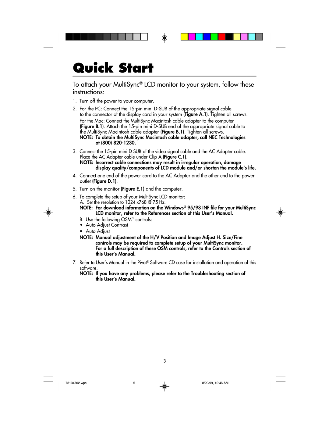 NEC LCD1510+ user manual Quick Start 