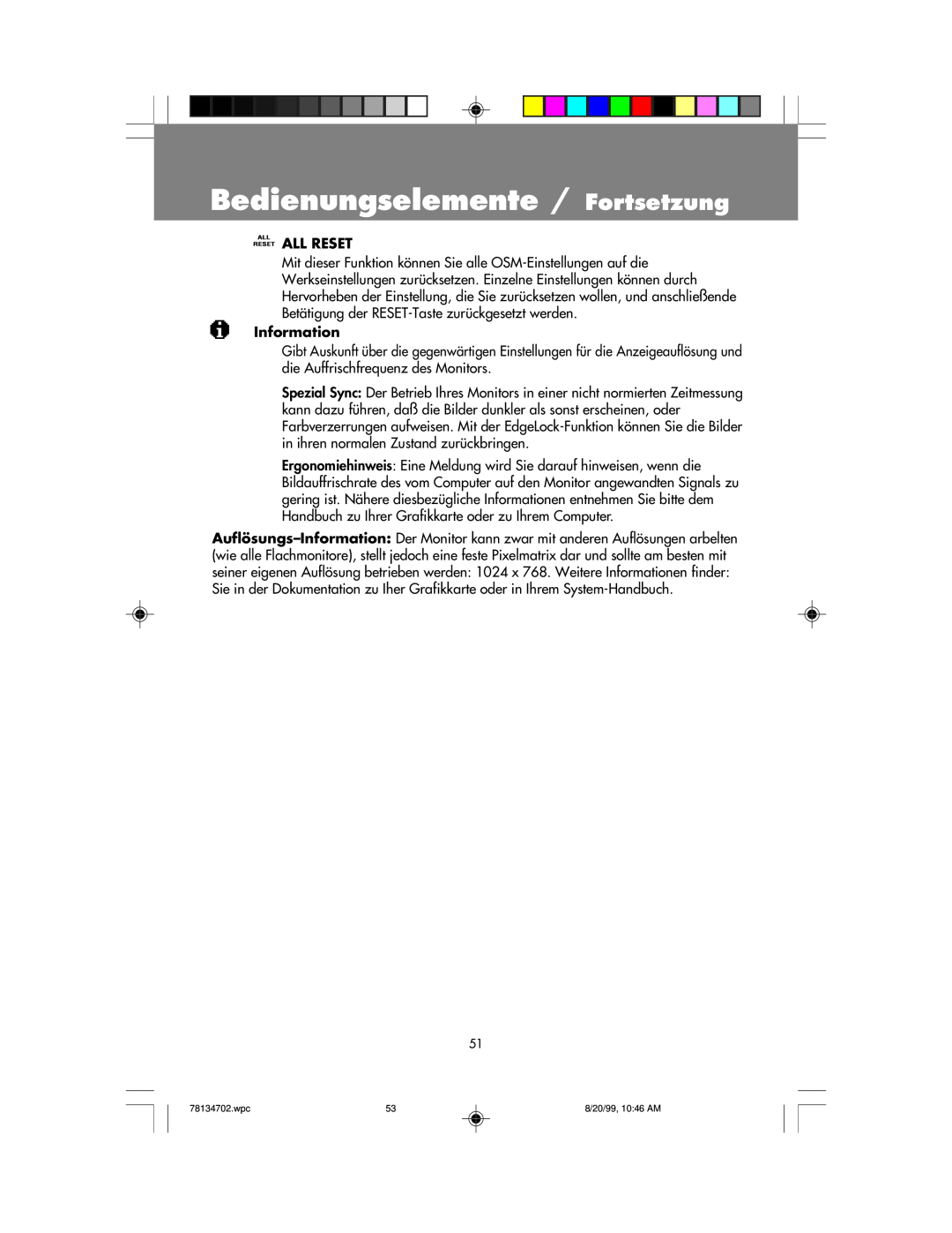 NEC LCD1510+ user manual Bedienungselemente / Fortsetzung, All Reset, Information 