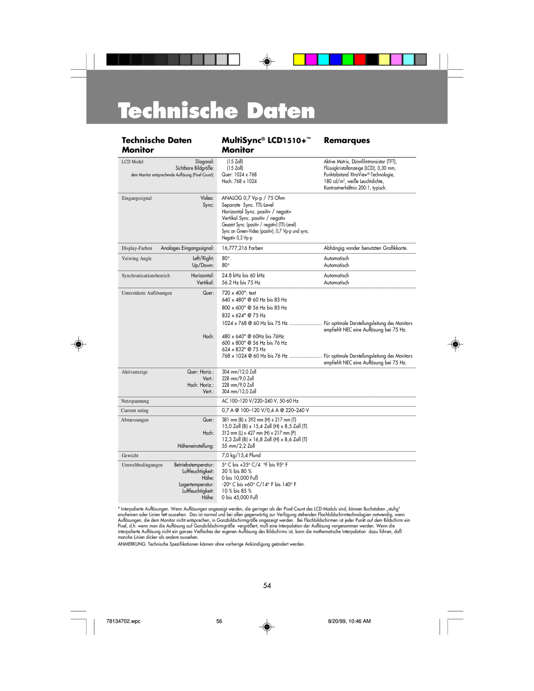 NEC user manual Technische Daten, MultiSync LCD1510+, Remarques, Monitor 
