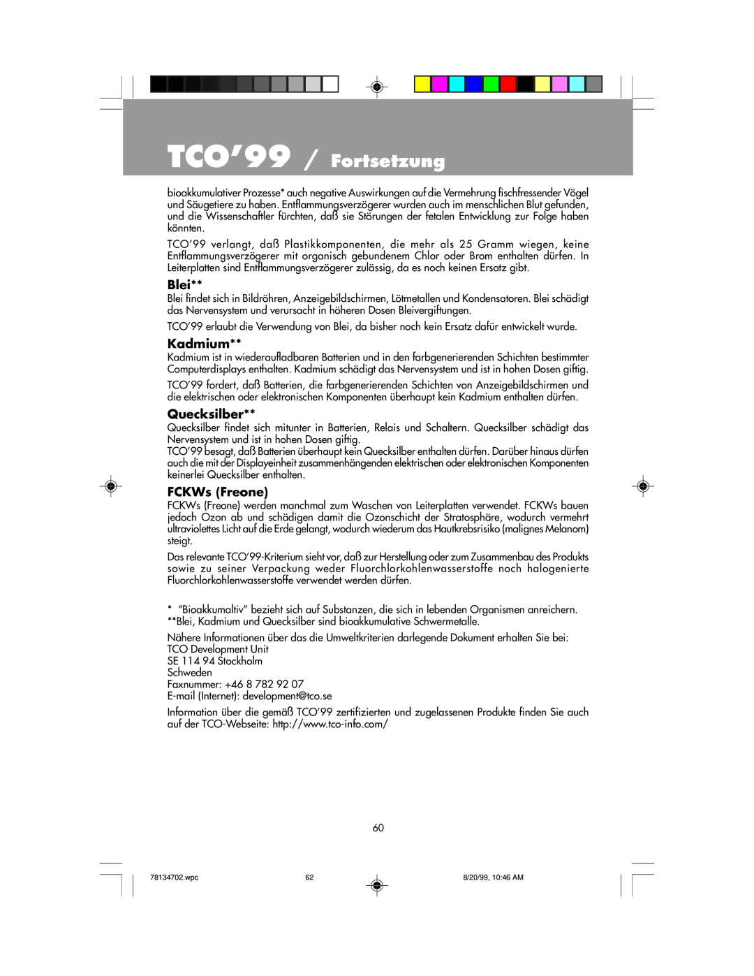 NEC LCD1510+ user manual TCO’99 / Fortsetzung, Blei, Kadmium, Quecksilber, FCKWs Freone 