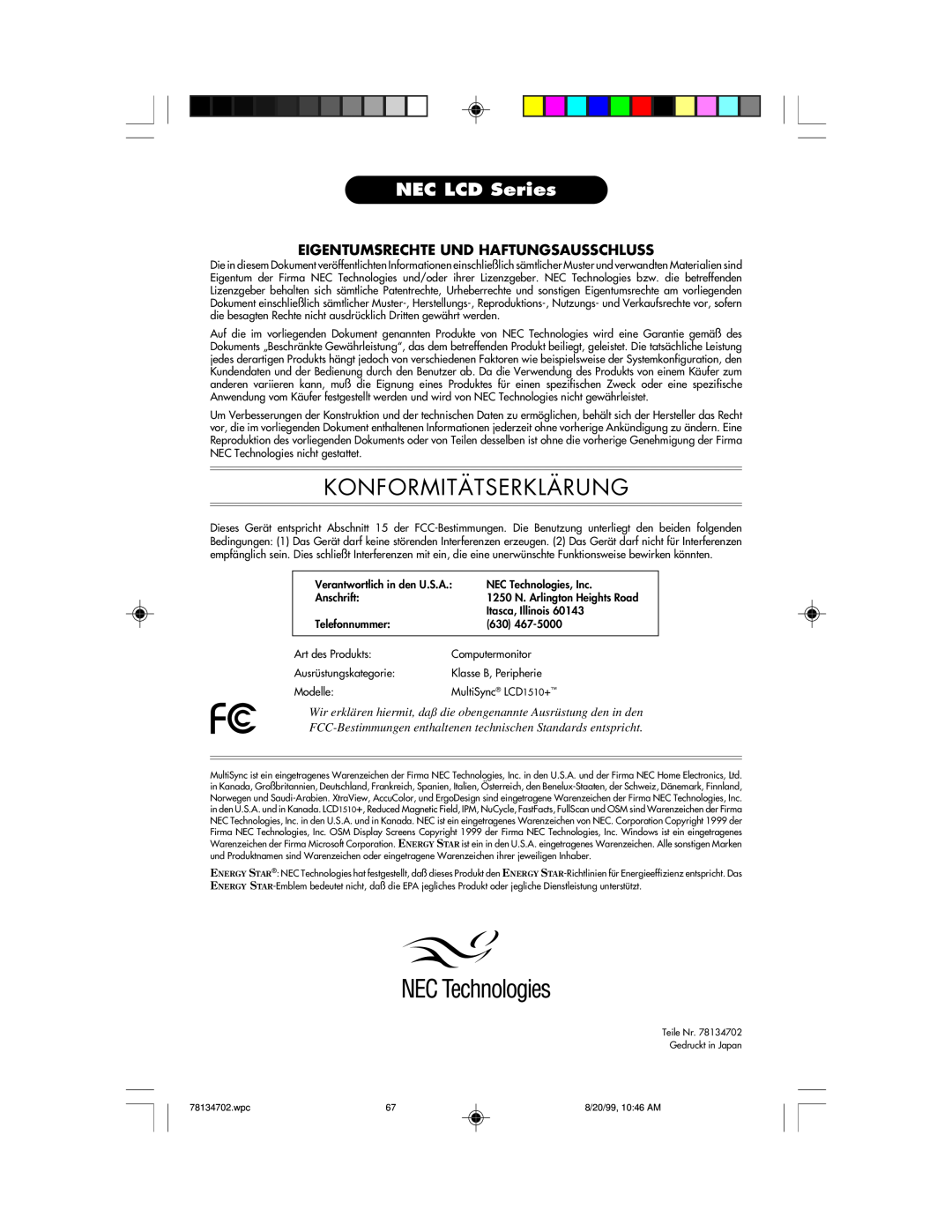 NEC LCD1510+ user manual Konformitätserklärung, NEC LCD Series, Eigentumsrechte Und Haftungsausschluss 