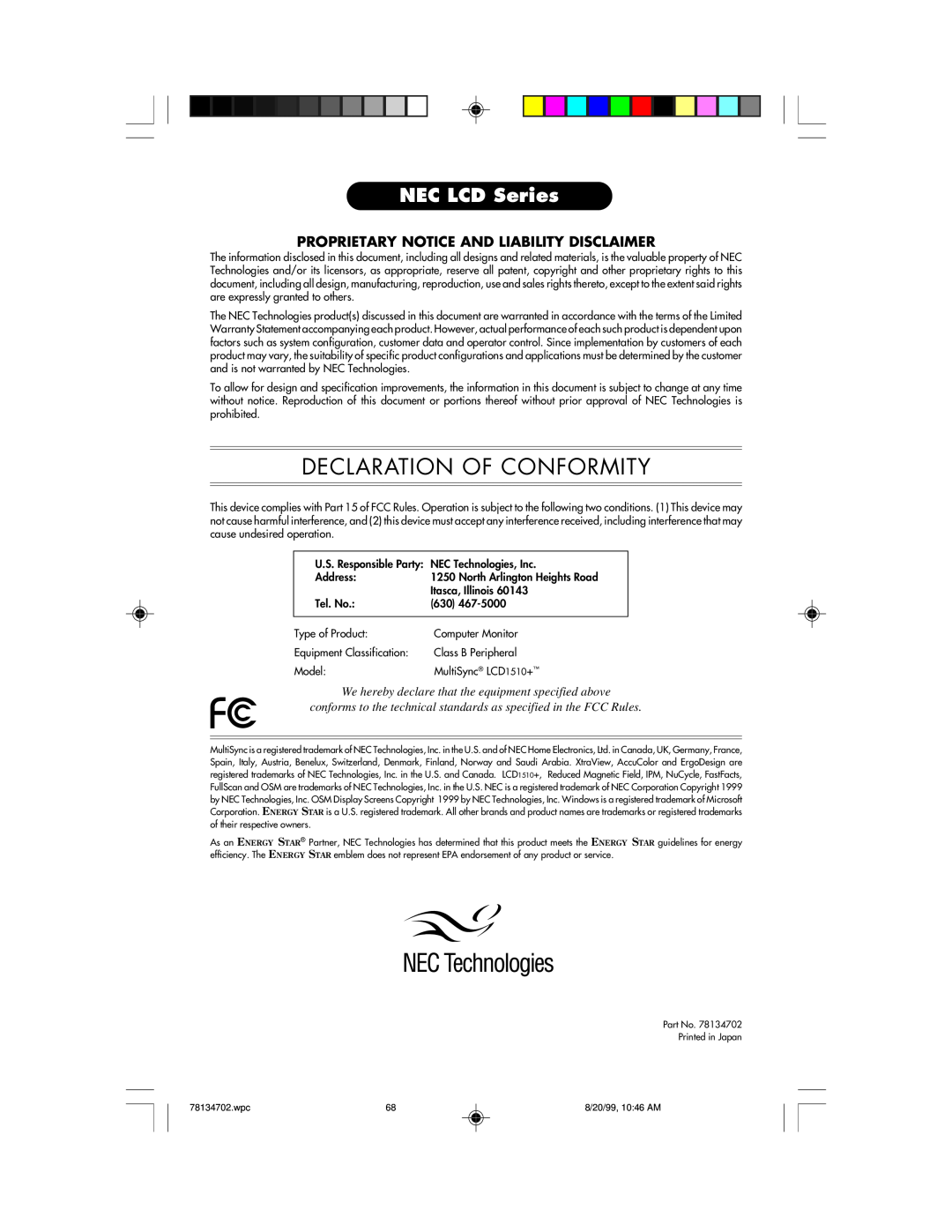 NEC LCD1510+ user manual Declaration Of Conformity, NEC LCD Series, Proprietary Notice And Liability Disclaimer 