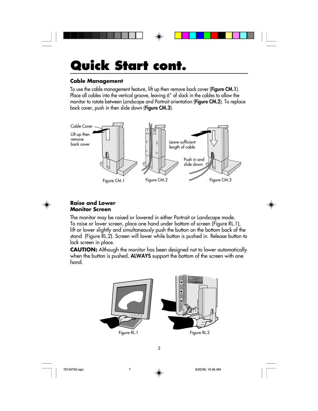 NEC LCD1510+ user manual Quick Start cont, Cable Management, Raise and Lower Monitor Screen 
