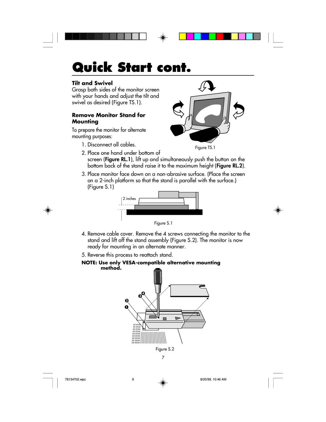 NEC LCD1510+ user manual Quick Start cont, Tilt and Swivel, Remove Monitor Stand for Mounting 