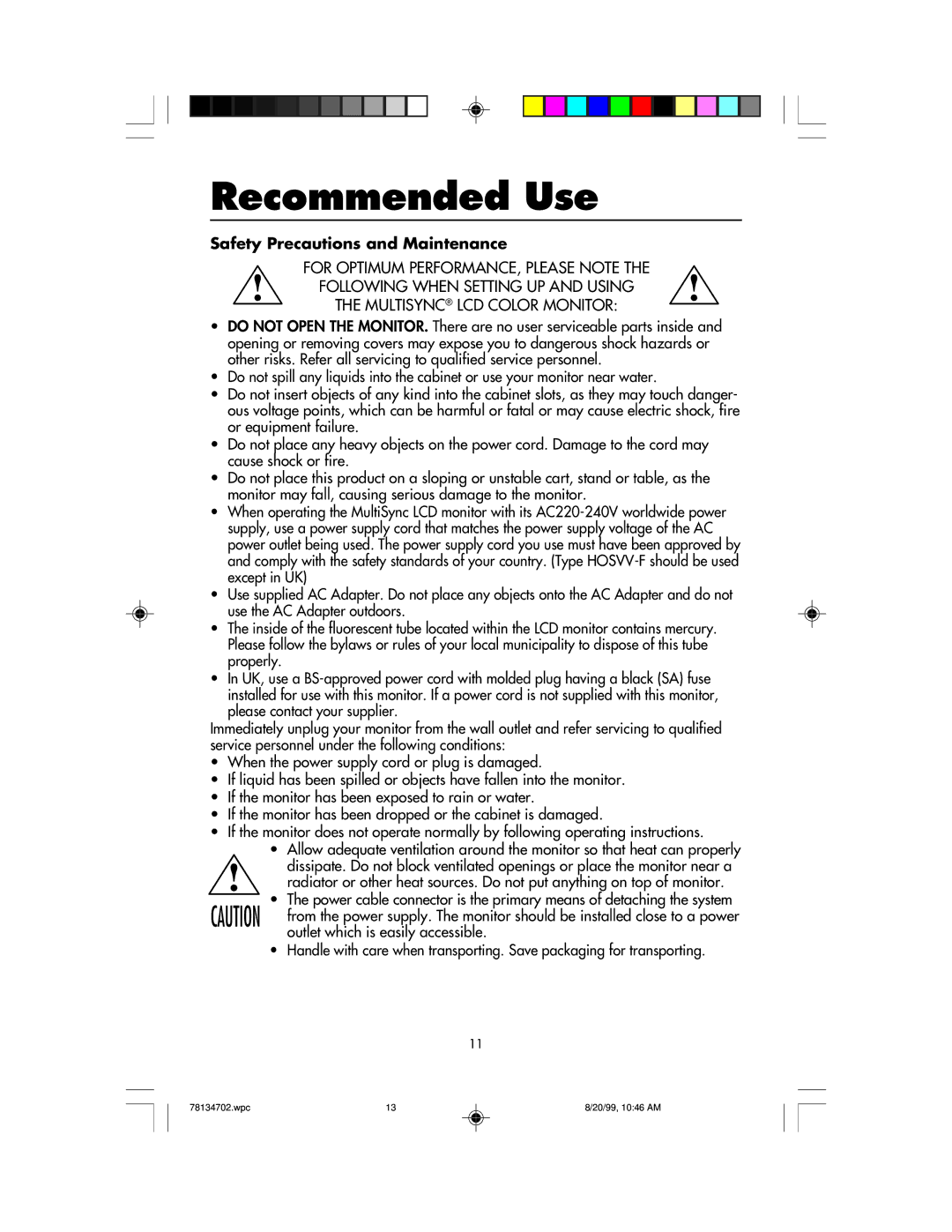 NEC LCD1510+ user manual Recommended Use, Safety Precautions and Maintenance 