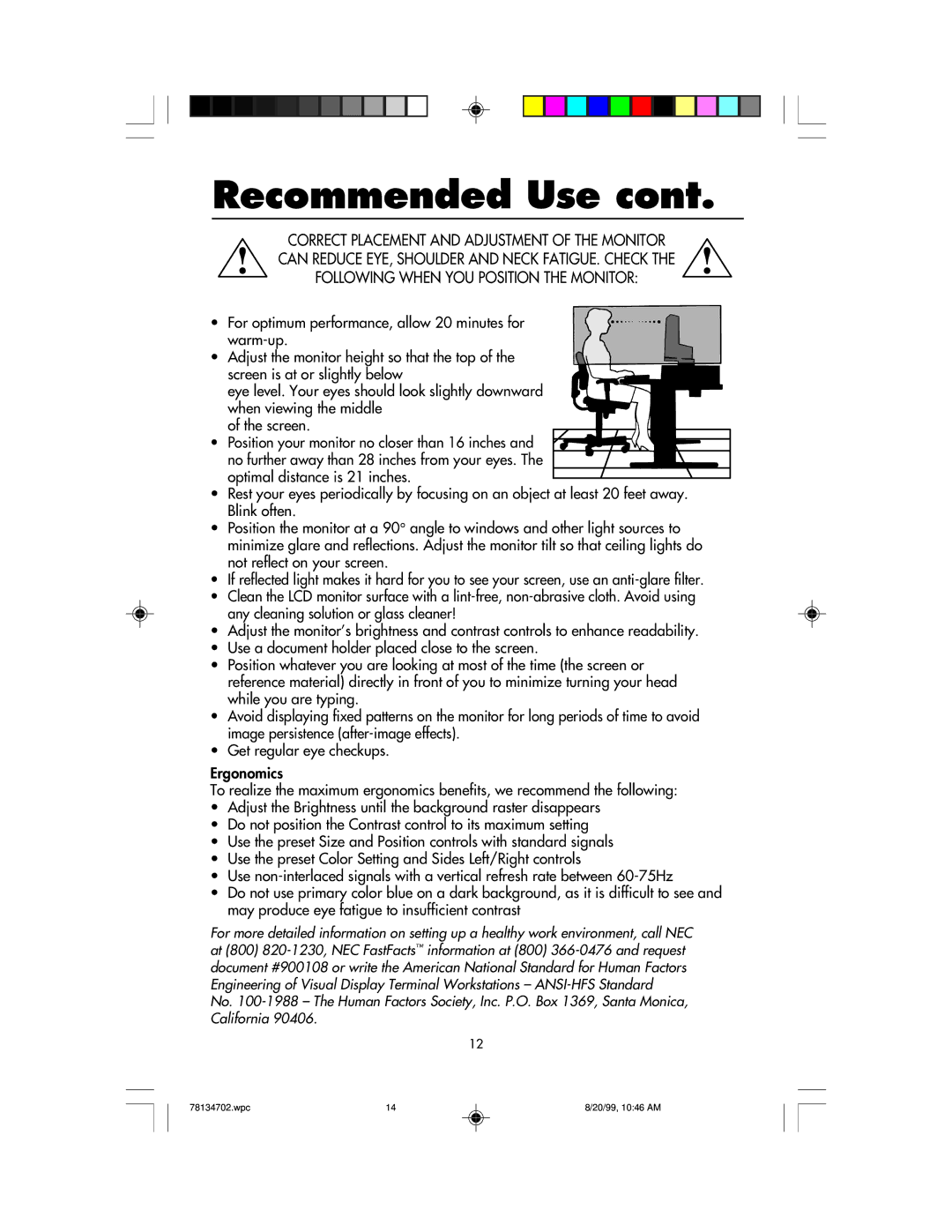 NEC LCD1510+ user manual Recommended Use 