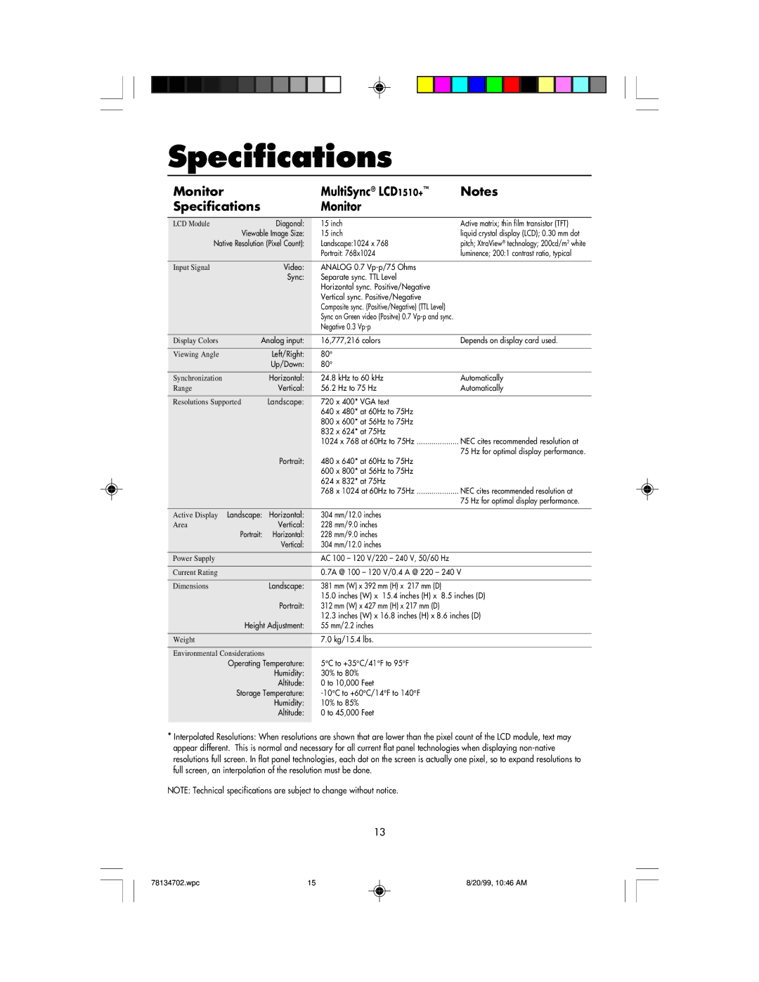 NEC user manual Specifications Monitor, MultiSync LCD1510+ 