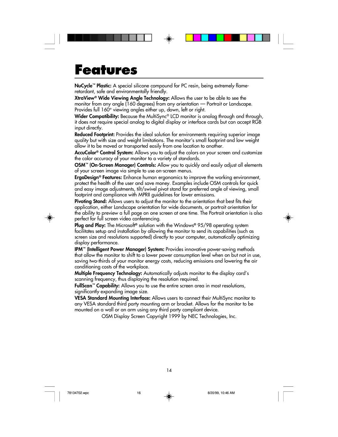 NEC LCD1510+ user manual Features 