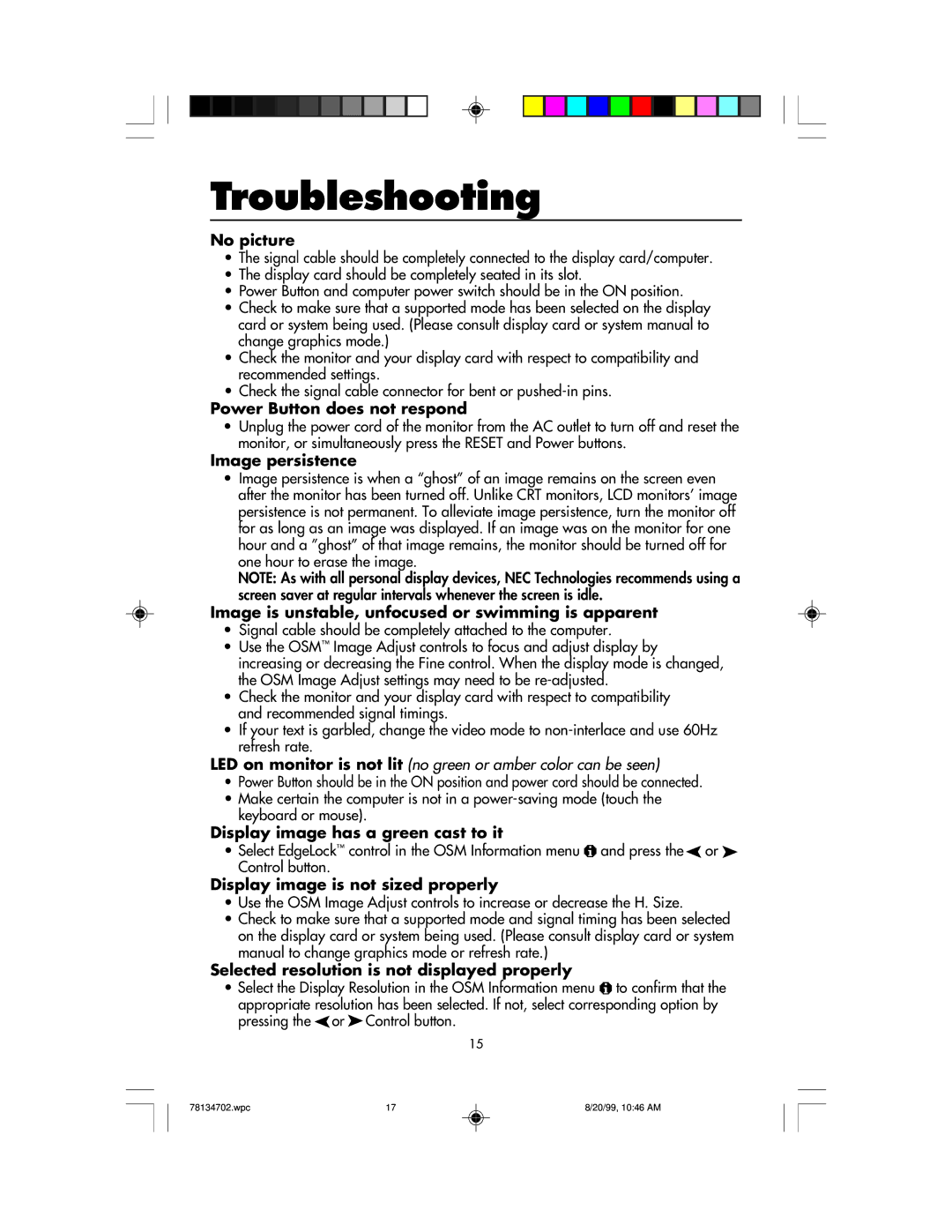 NEC LCD1510+ user manual Troubleshooting 