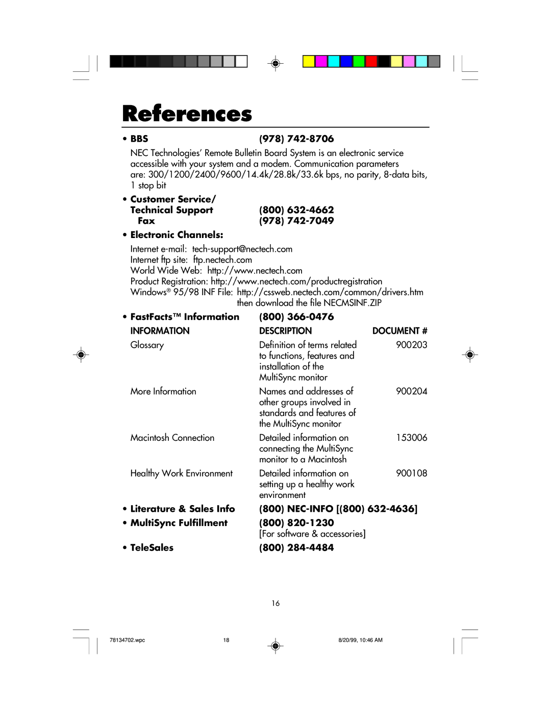 NEC LCD1510+ References, 978, FastFacts Information 800, Literature & Sales Info NEC-INFO 800 MultiSync Fulfillment 