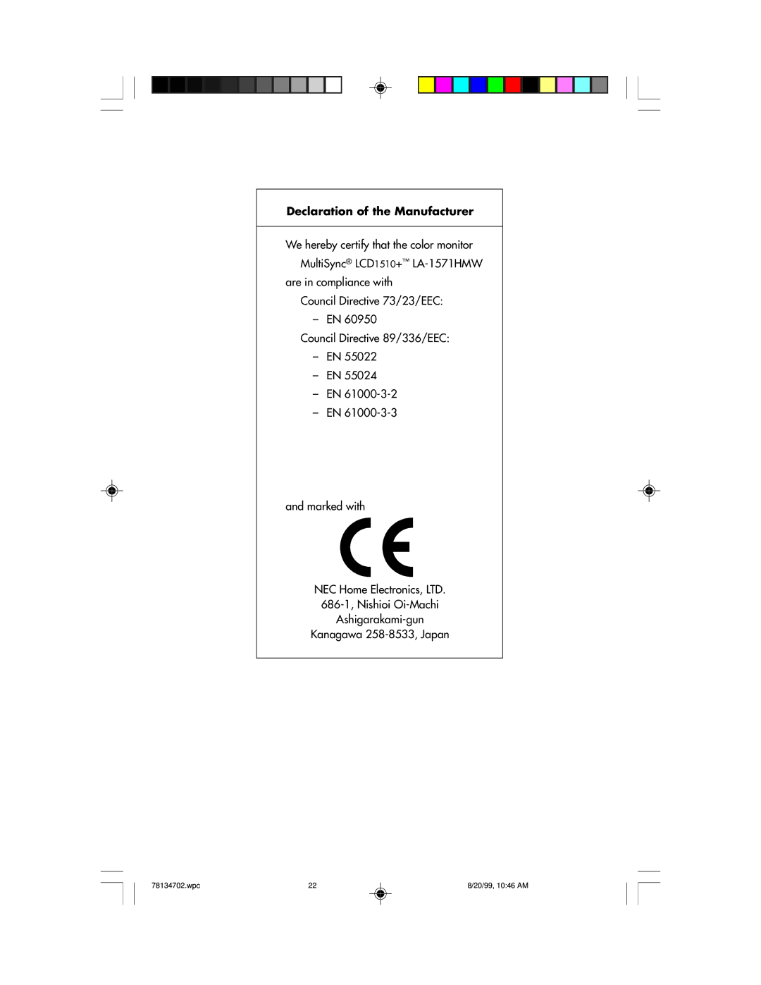 NEC LCD1510+ user manual Declaration of the Manufacturer 