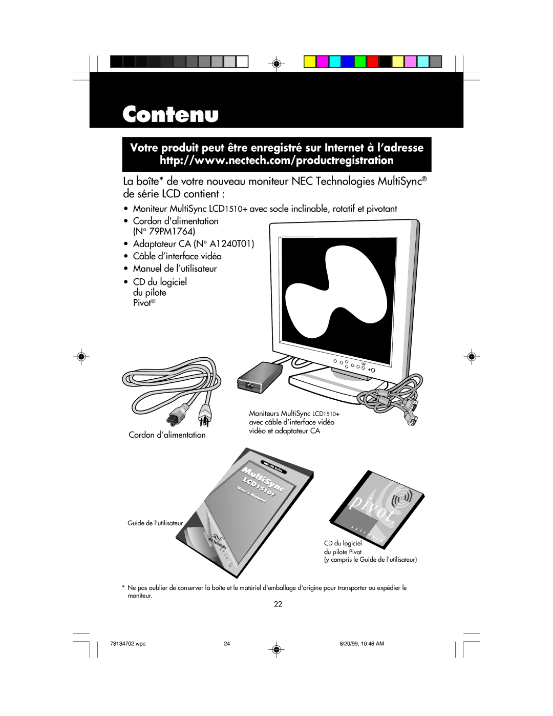 NEC LCD1510+ user manual Contenu, Votre produit peut être enregistré sur Internet à l’adresse 