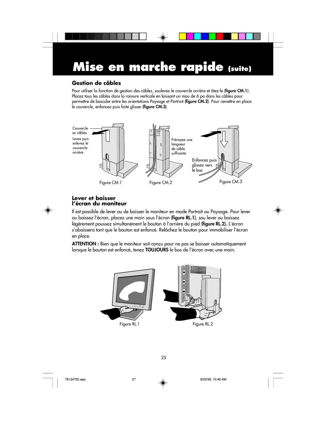 NEC LCD1510+ user manual Gestion de câbles, Lever et baisser l’écran du moniteur 