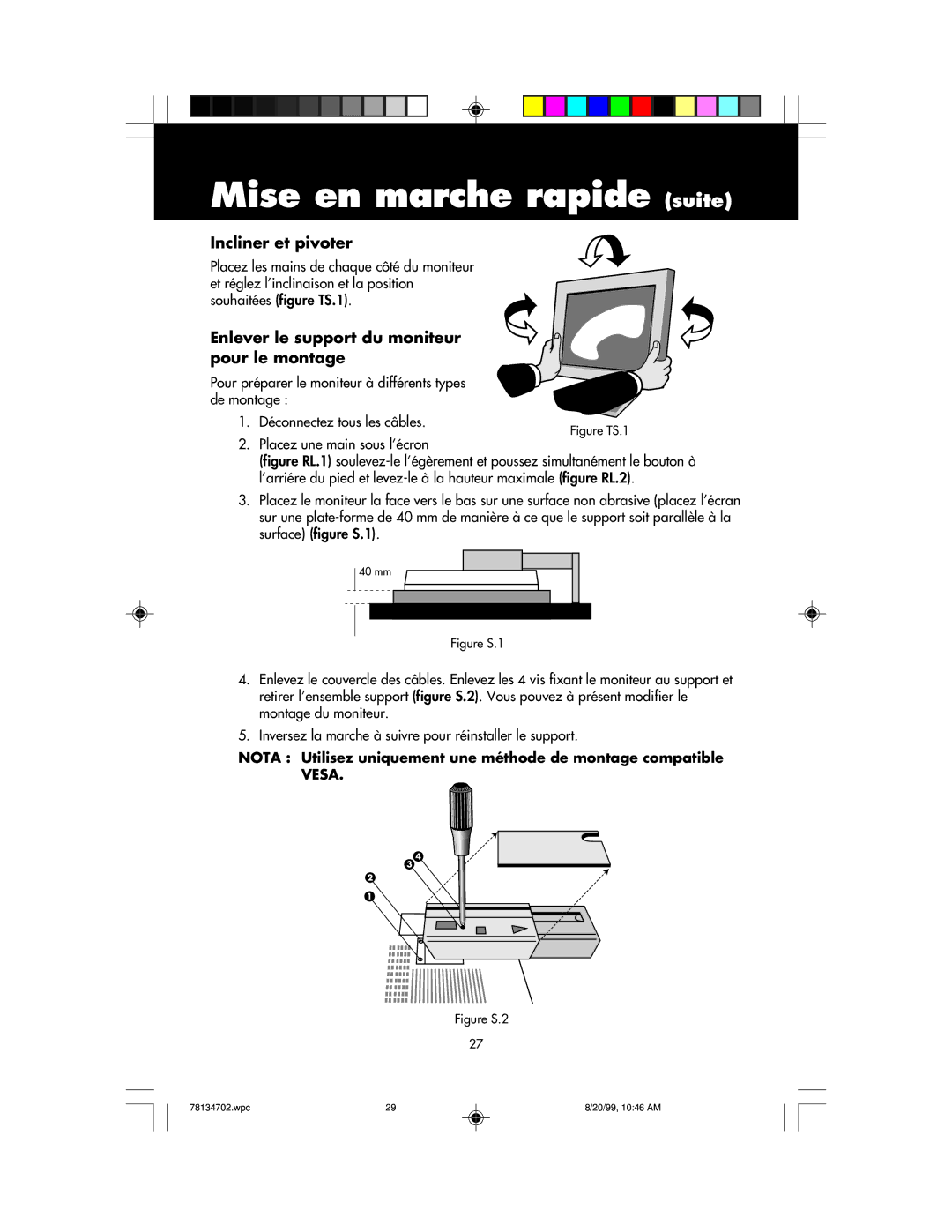 NEC LCD1510+ user manual Incliner et pivoter, Enlever le support du moniteur pour le montage 