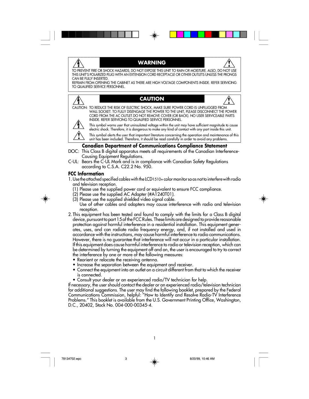 NEC LCD1510+ user manual Canadian Department of Communications Compliance Statement, FCC Information 