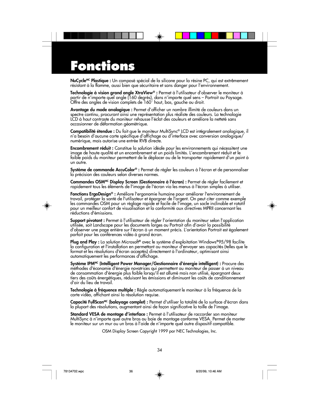 NEC LCD1510+ user manual Fonctions 