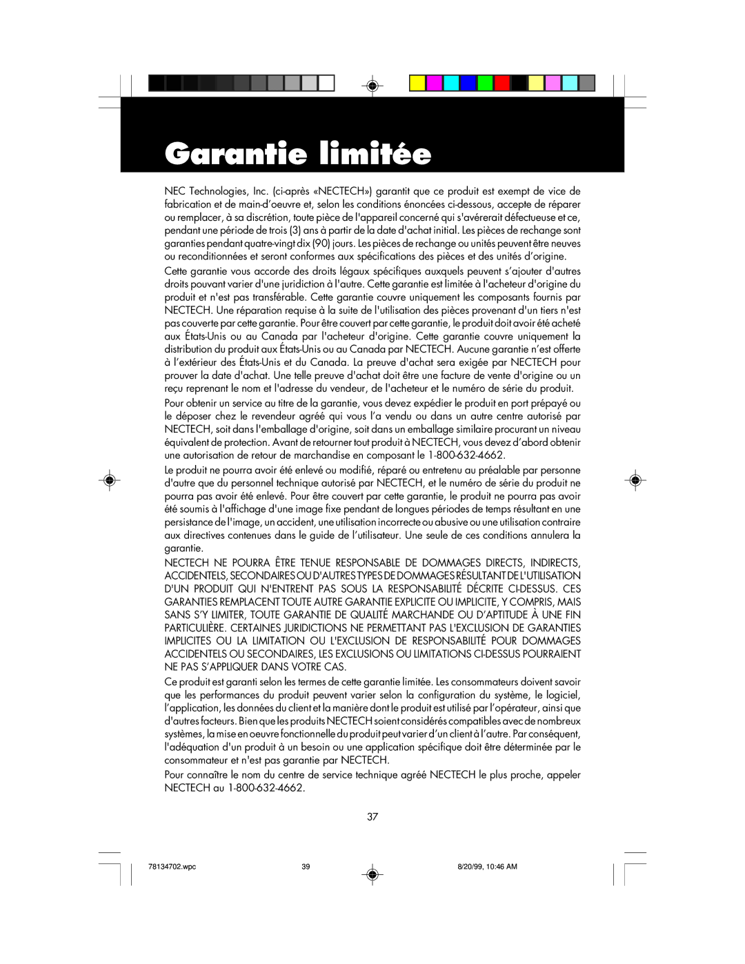 NEC LCD1510+ user manual Garantie limitée 