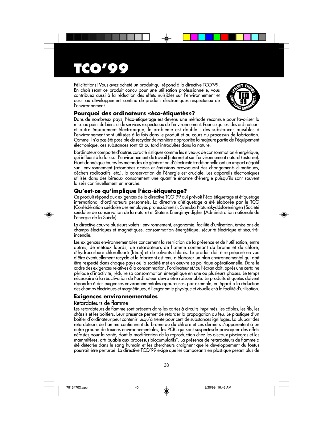 NEC LCD1510+ user manual TCO’99, Pourquoi des ordinateurs «éco-étiquetés»?, Qu’est-ce qu’implique l’éco-étiquetage? 