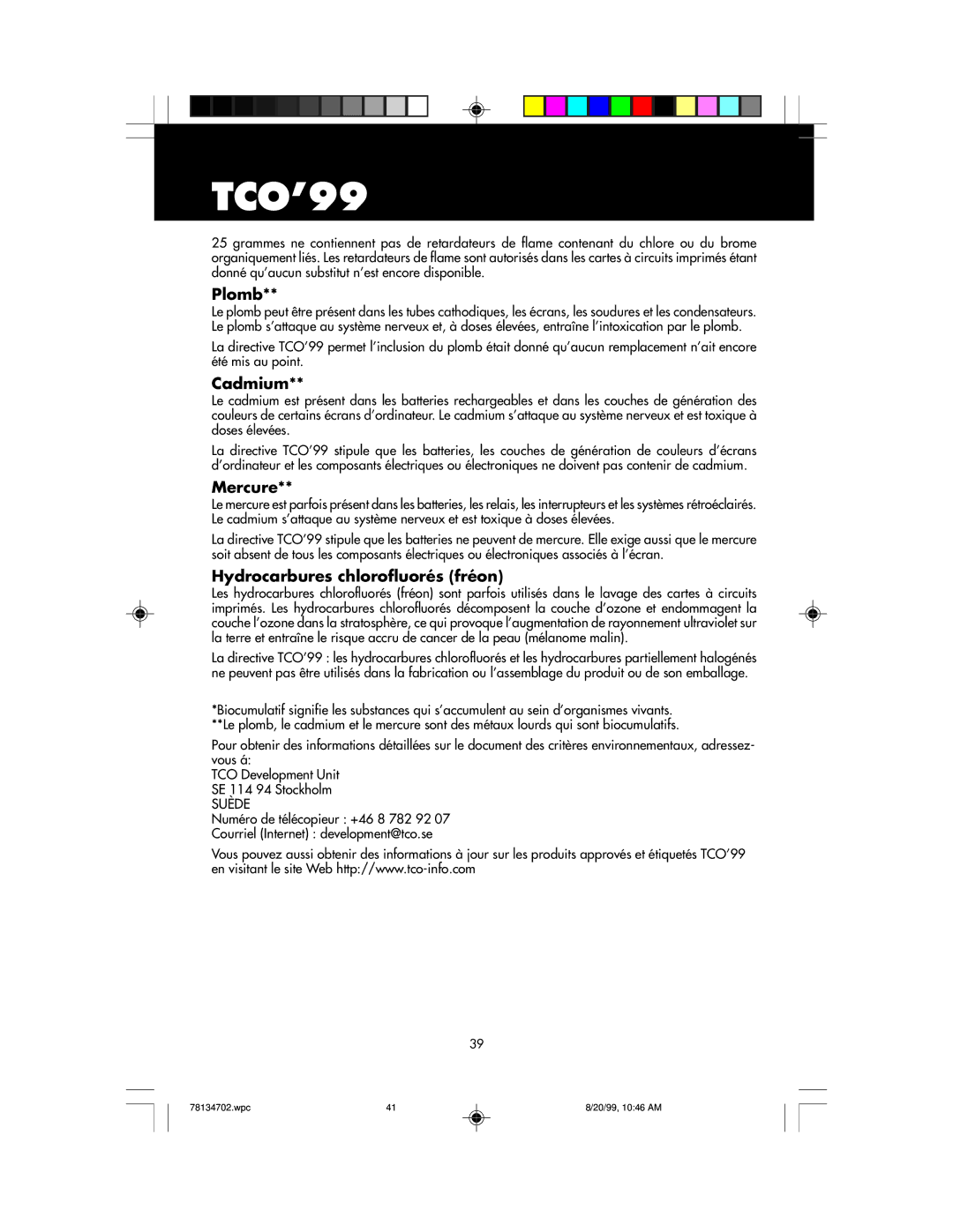 NEC LCD1510+ user manual Plomb, Cadmium, Mercure, Hydrocarbures chlorofluorés fréon 