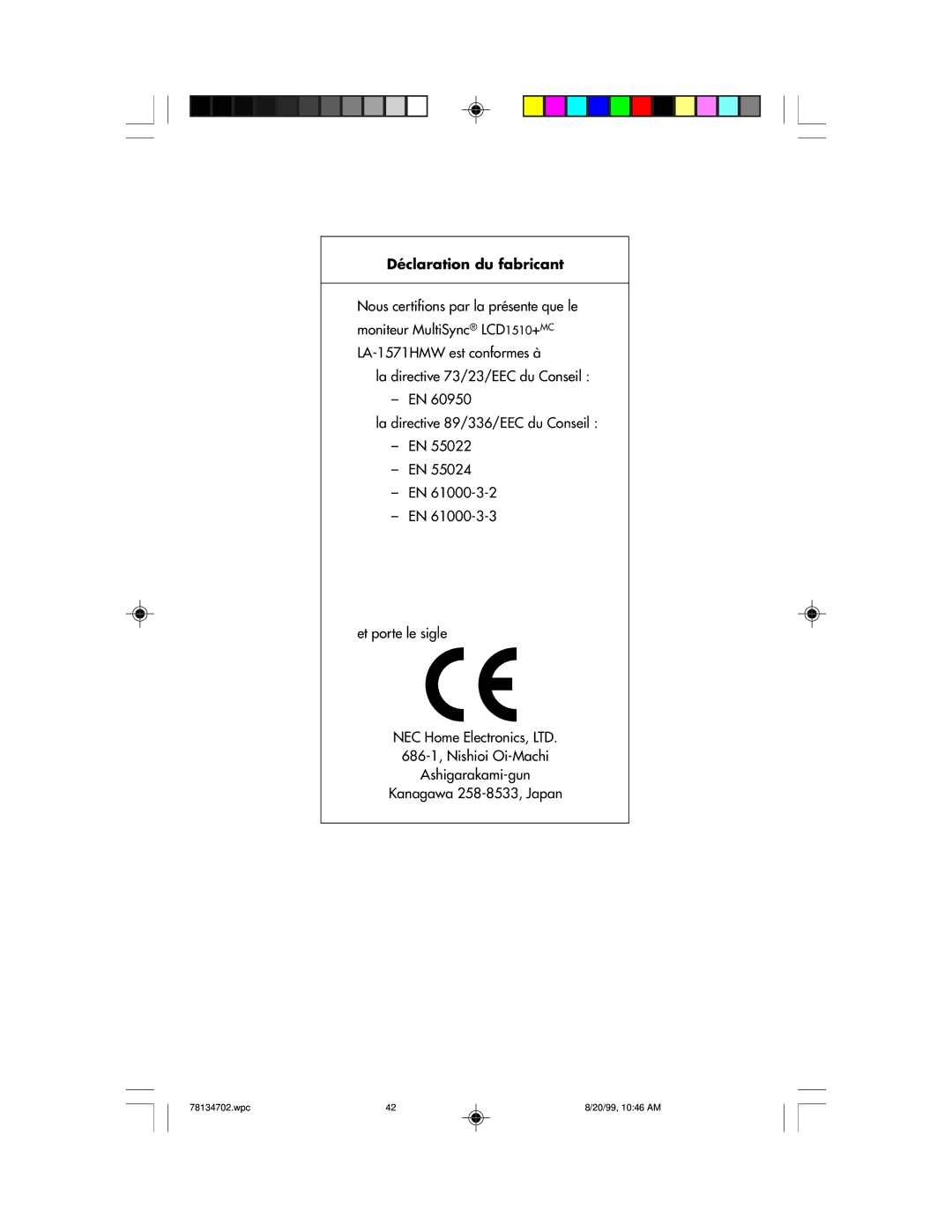 NEC LCD1510+ user manual Déclaration du fabricant 