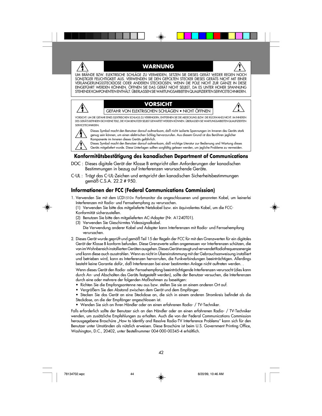 NEC LCD1510+ user manual Warnung, Informationen der FCC Federal Communications Commission 