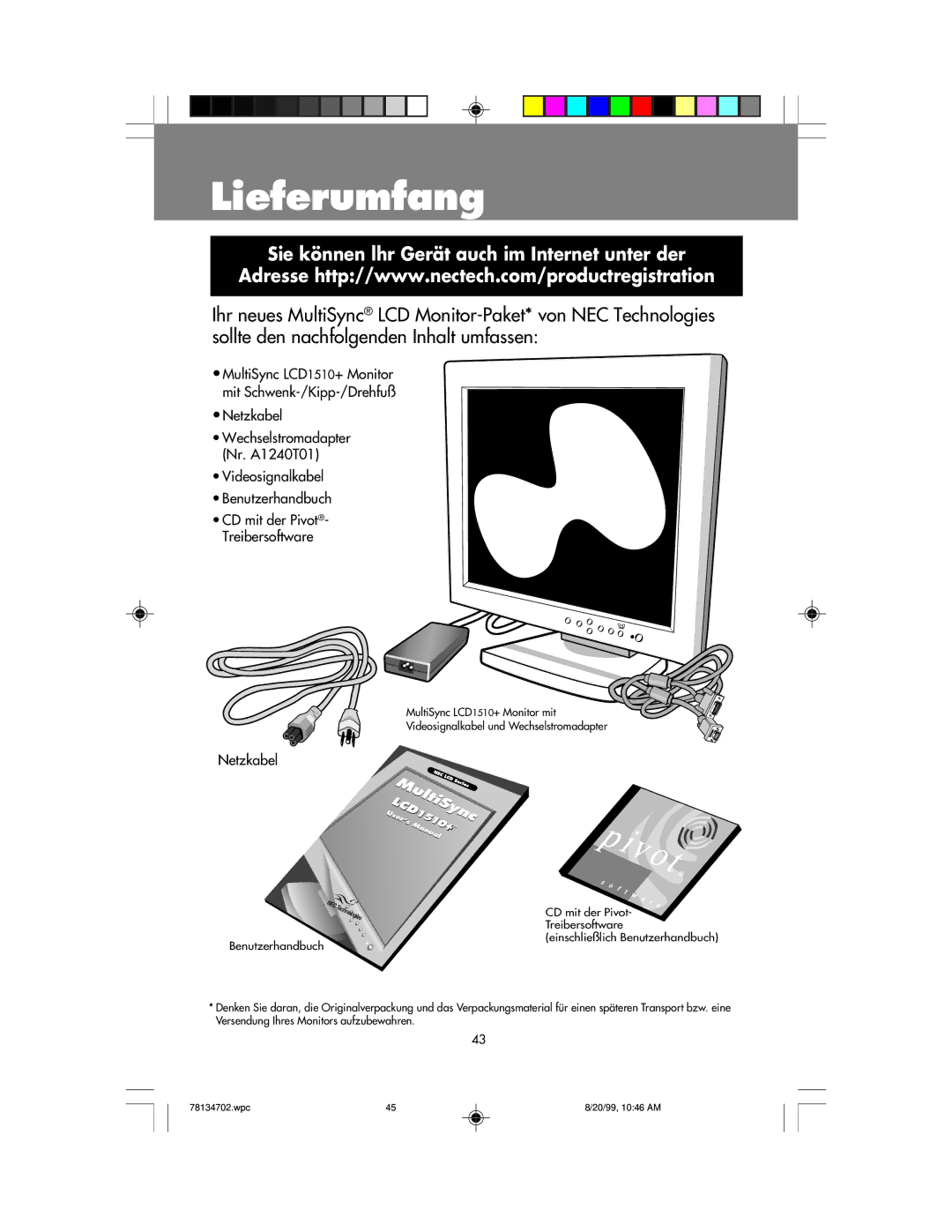 NEC LCD1510+ user manual Lieferumfang, Sie können lhr Gerät auch im Internet unter der 