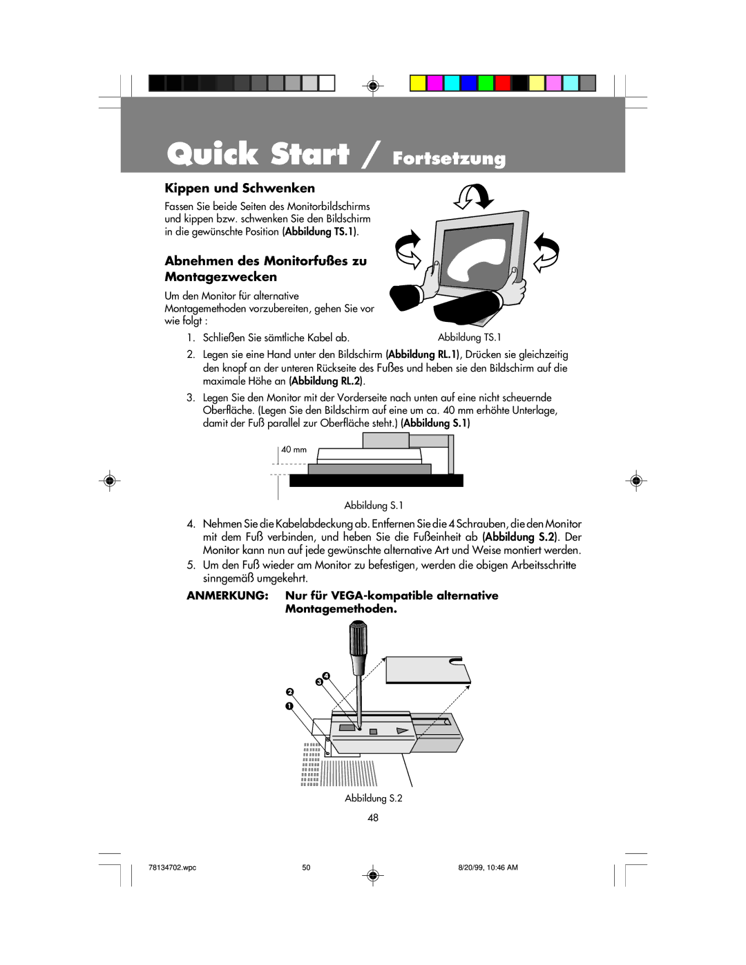 NEC LCD1510+ user manual Kippen und Schwenken, Abnehmen des Monitorfußes zu Montagezwecken 