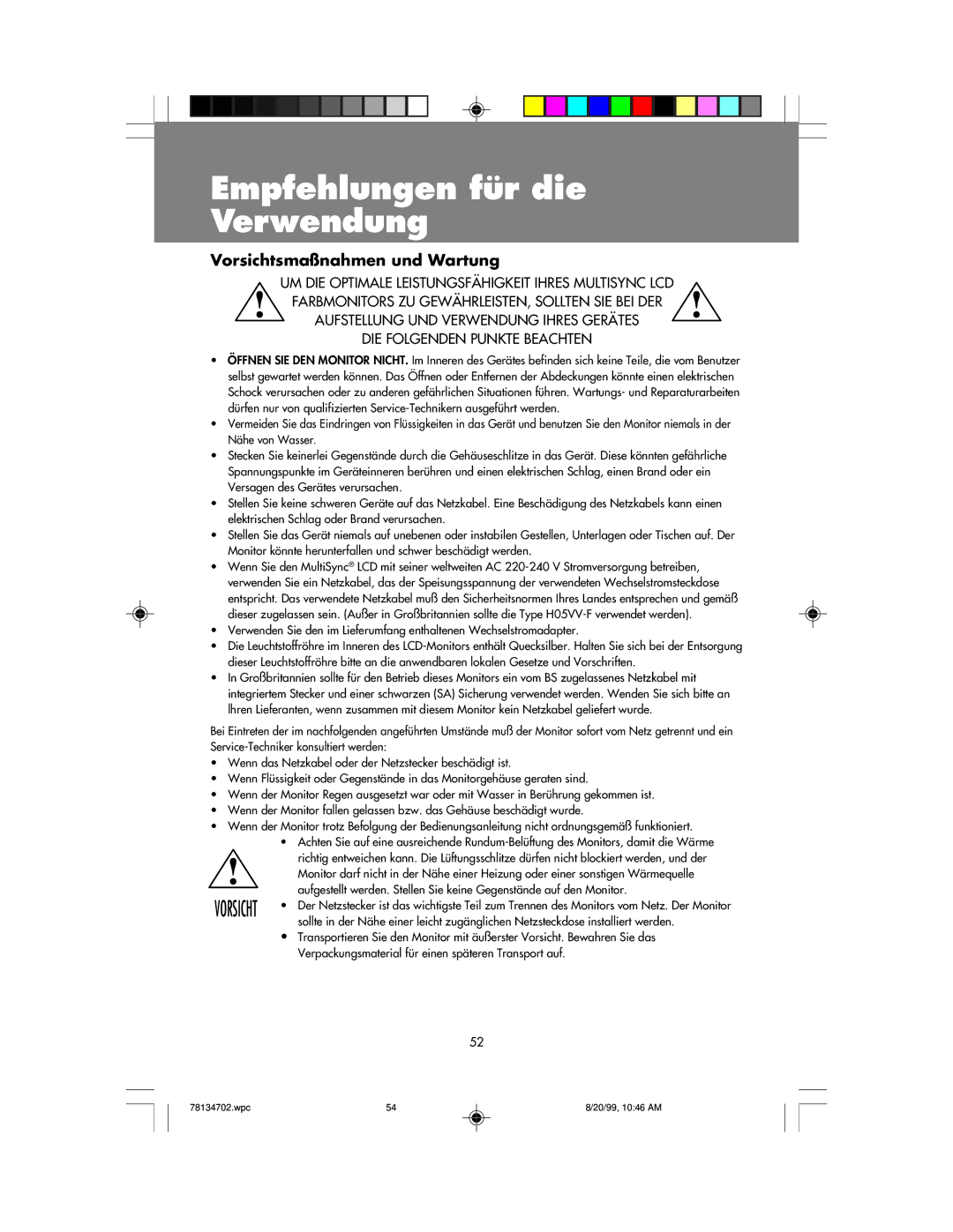 NEC LCD1510+ user manual Empfehlungen für die Verwendung, Vorsichtsmaßnahmen und Wartung 