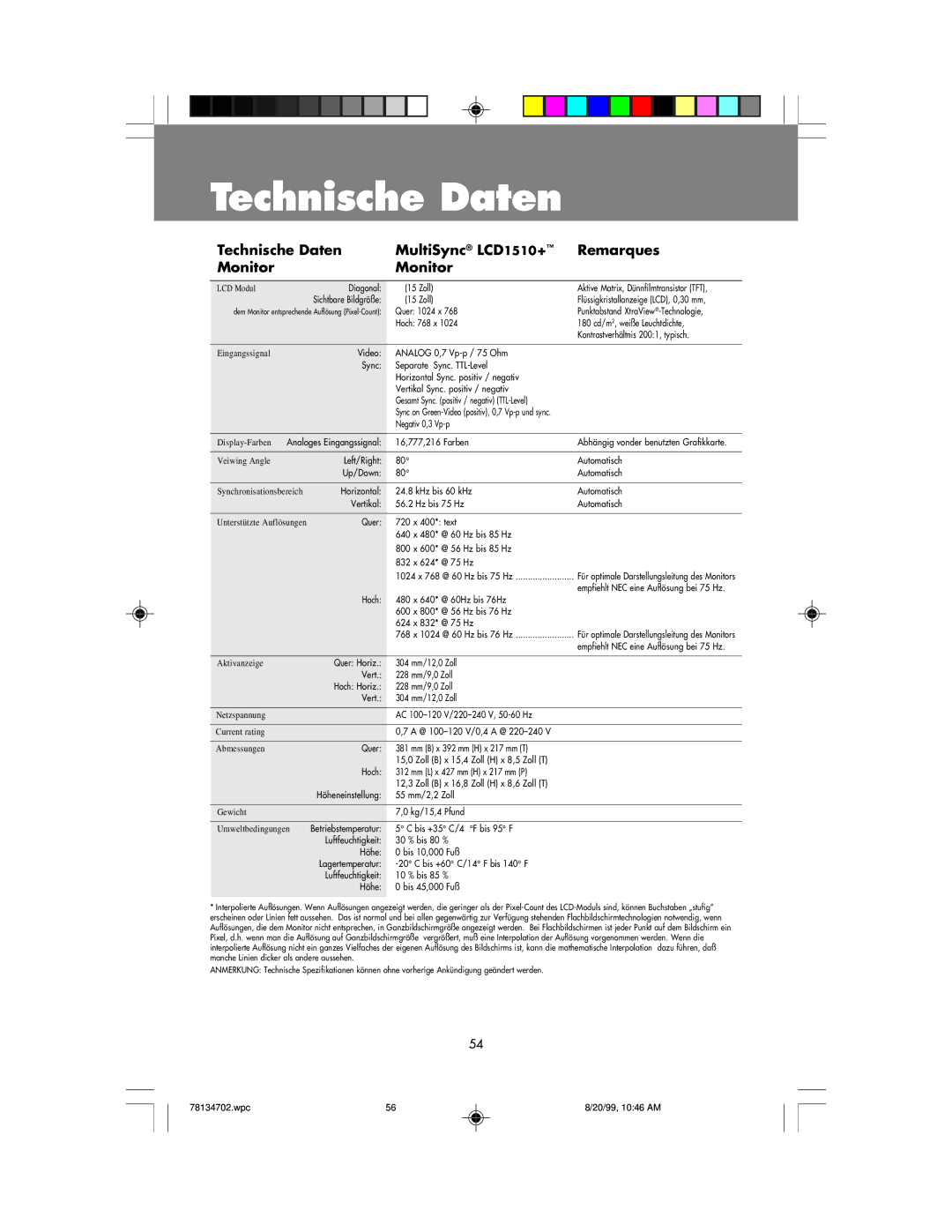 NEC user manual Technische Daten MultiSync LCD1510+ Remarques Monitor 