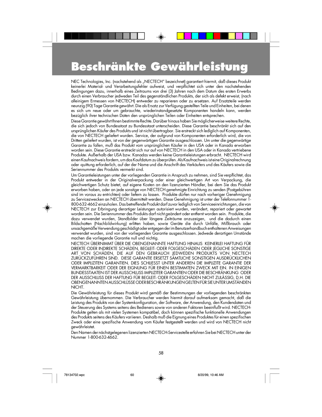 NEC LCD1510+ user manual Beschränkte Gewährleistung 