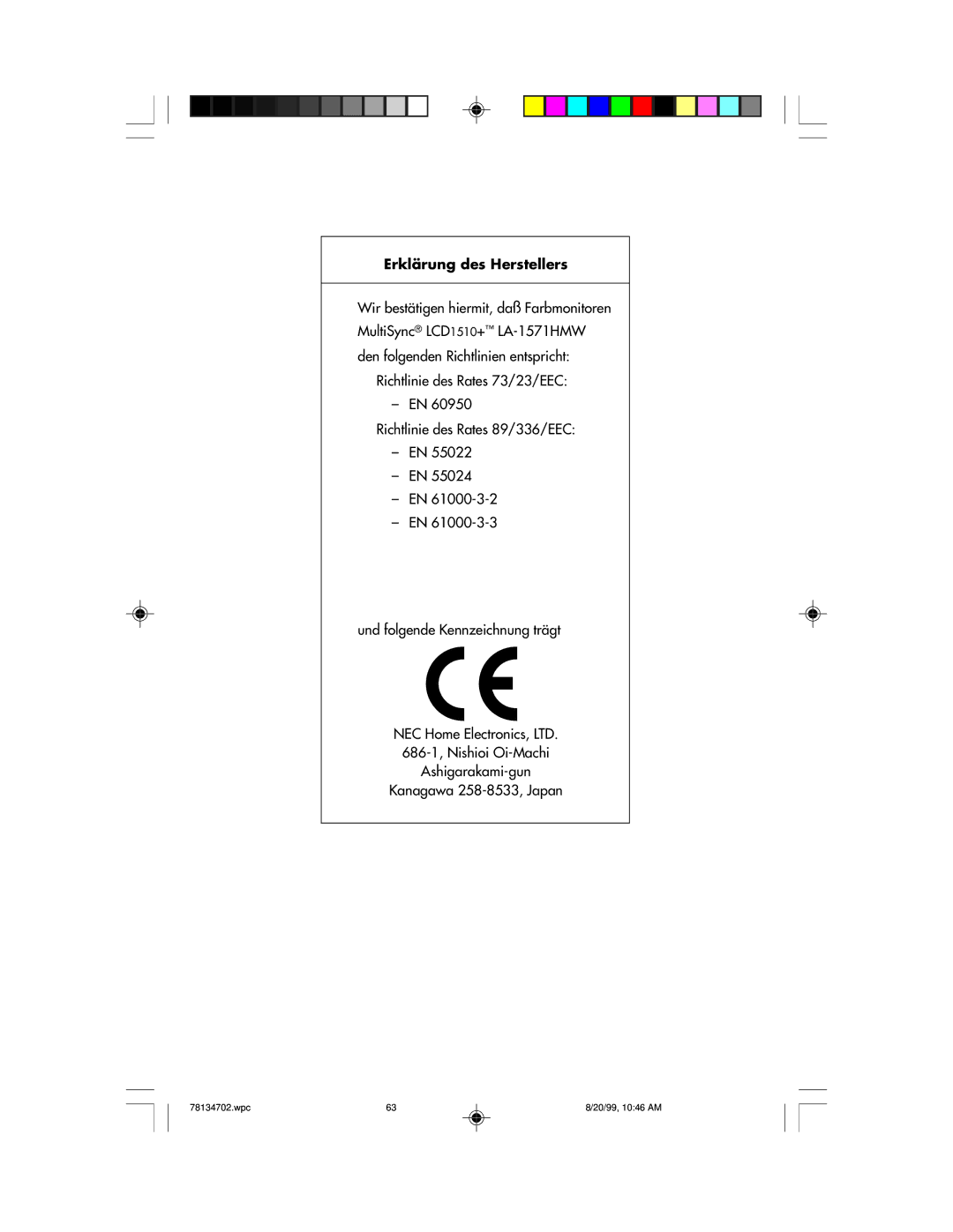 NEC LCD1510+ user manual Erklärung des Herstellers 