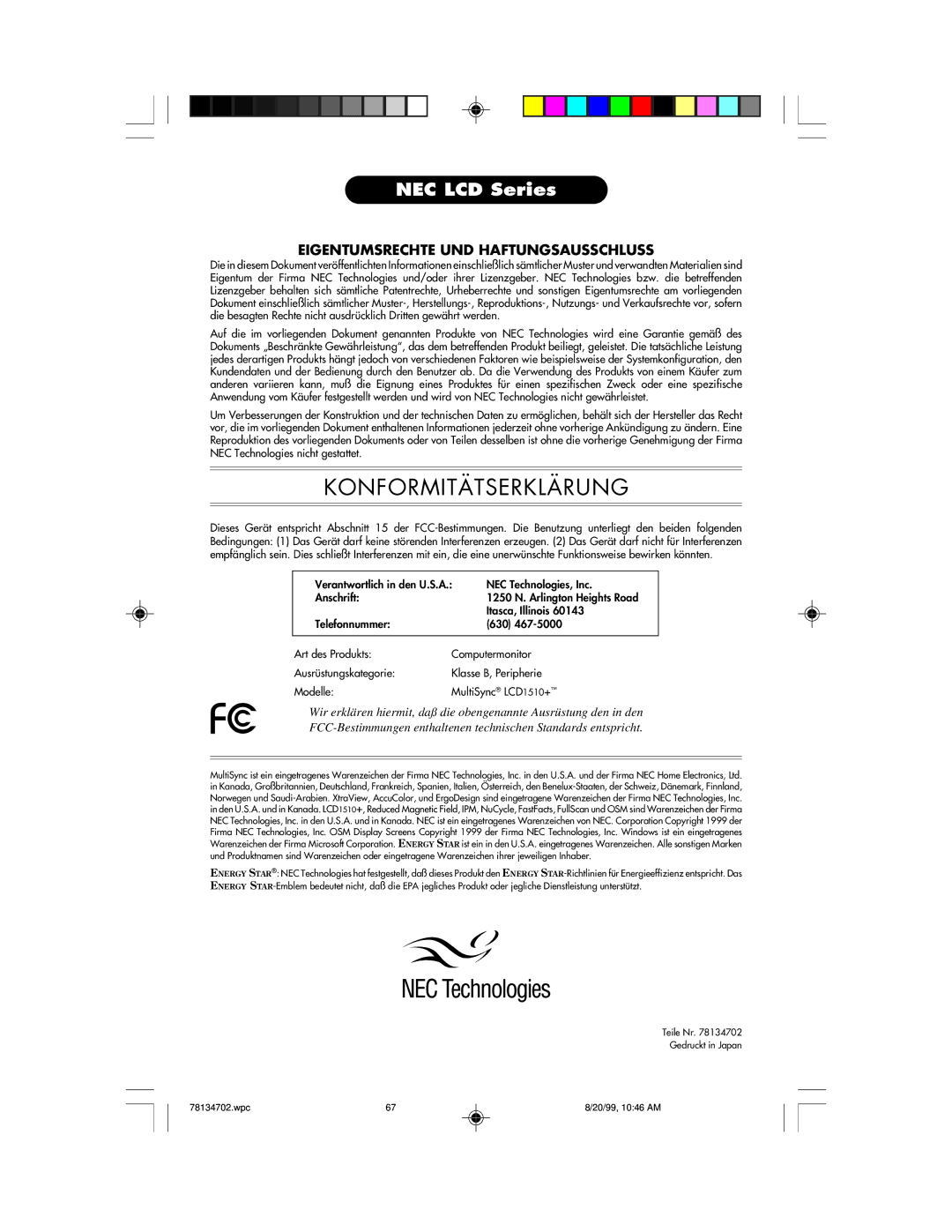 NEC LCD1510+ user manual Konformitätserklärung 