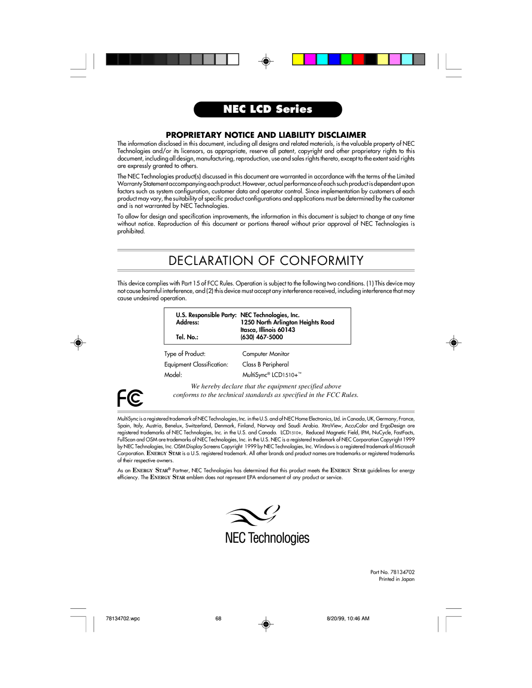 NEC LCD1510+ user manual Declaration of Conformity 