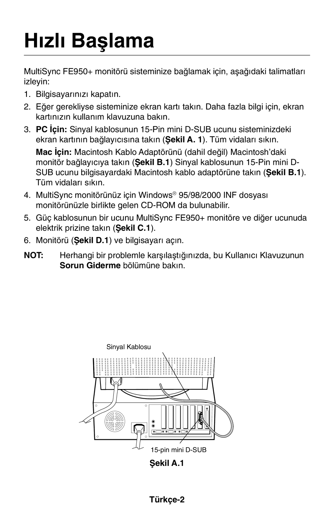 NEC LCD1525M user manual ∂zl∂ Baµlama, Ωekil A.1 Türkçe-2 