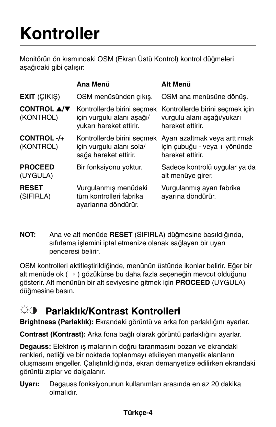 NEC LCD1525M user manual Parlakl∂k/Kontrast Kontrolleri, Ana Menü Alt Menü, Türkçe-4 