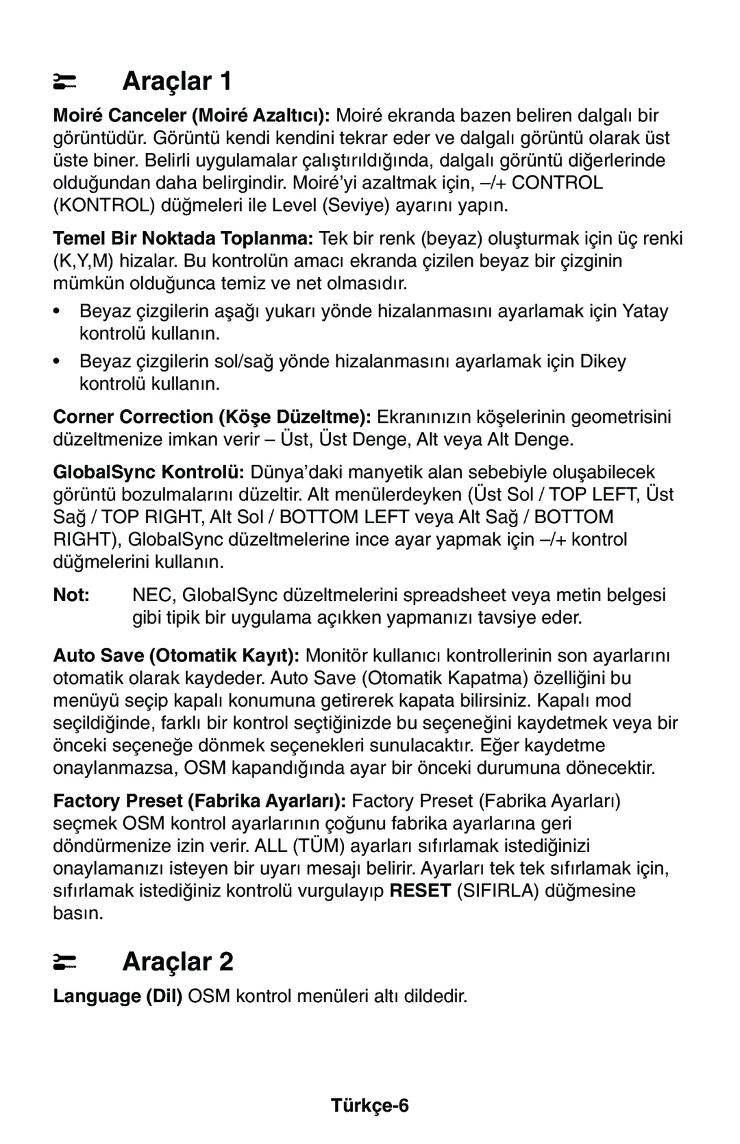 NEC LCD1525M user manual Araçlar, Türkçe-6 