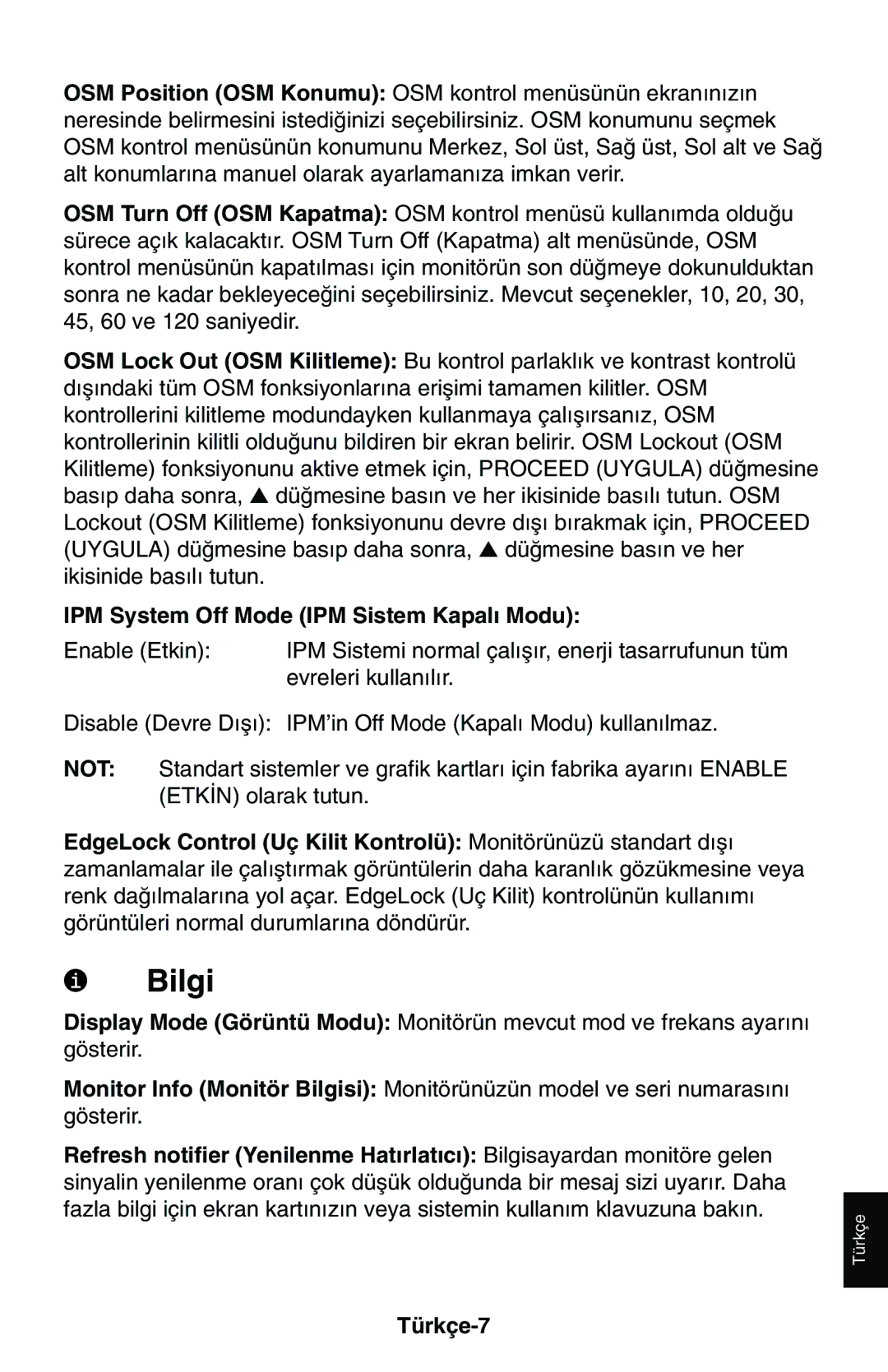 NEC LCD1525M user manual Bilgi, IPM System Off Mode IPM Sistem Kapal∂ Modu, Türkçe-7 