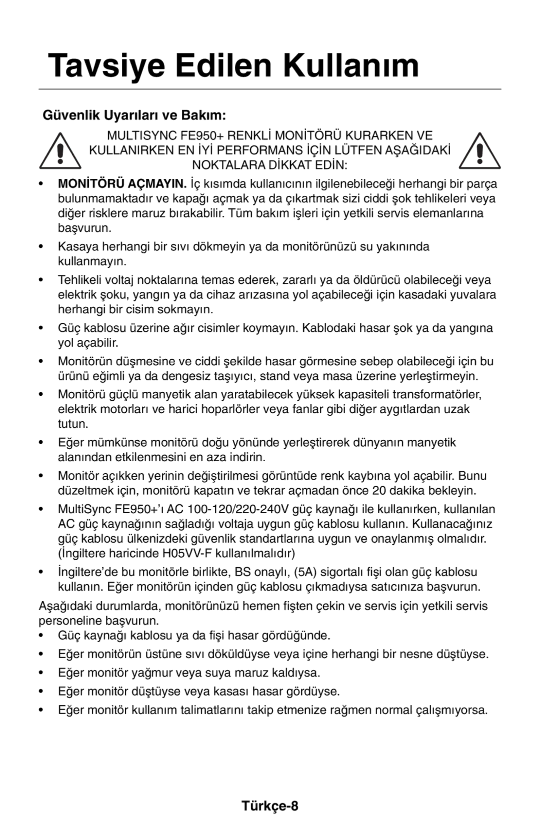 NEC LCD1525M user manual Tavsiye Edilen Kullan∂m, Güvenlik Uyar∂lar∂ ve Bak∂m, Türkçe-8 