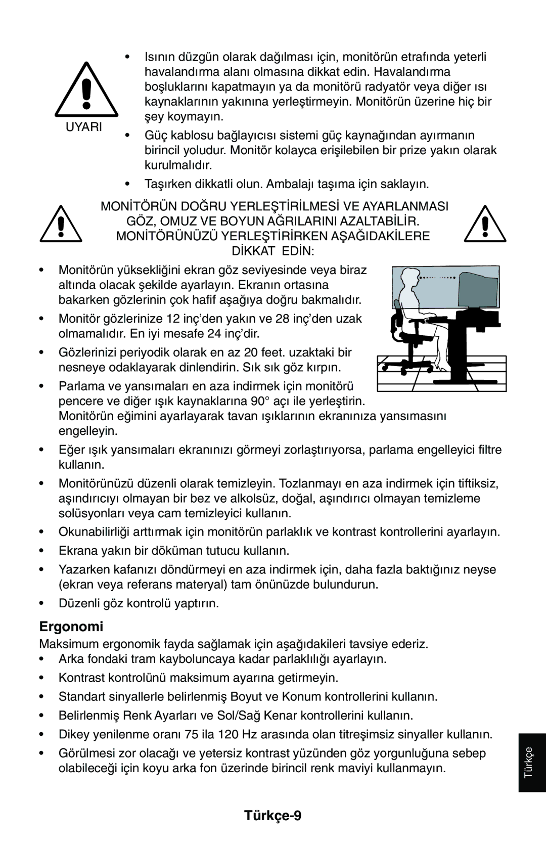 NEC LCD1525M user manual Ergonomi, Türkçe-9 