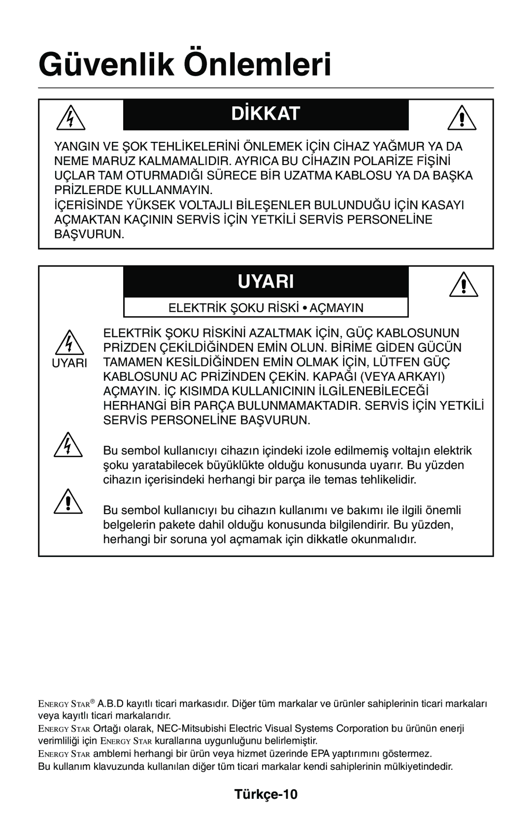 NEC LCD1525M user manual Güvenlik Önlemleri, Türkçe-10 