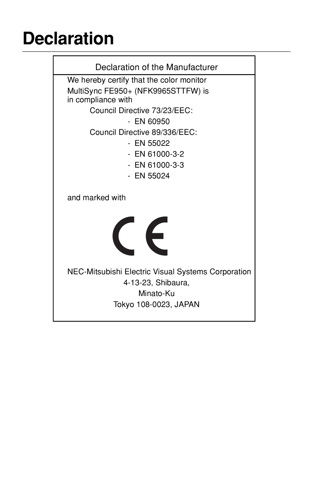 NEC LCD1525M user manual Declaration 