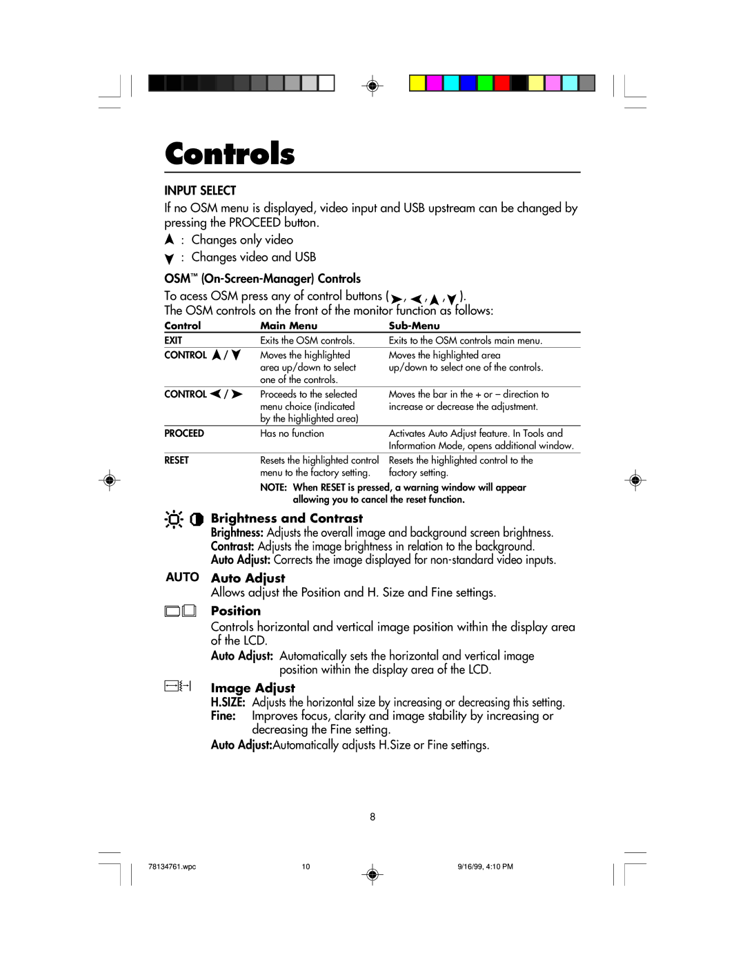 NEC LCD1525S user manual Controls, Brightness and Contrast, Auto Adjust, Position, Image Adjust 