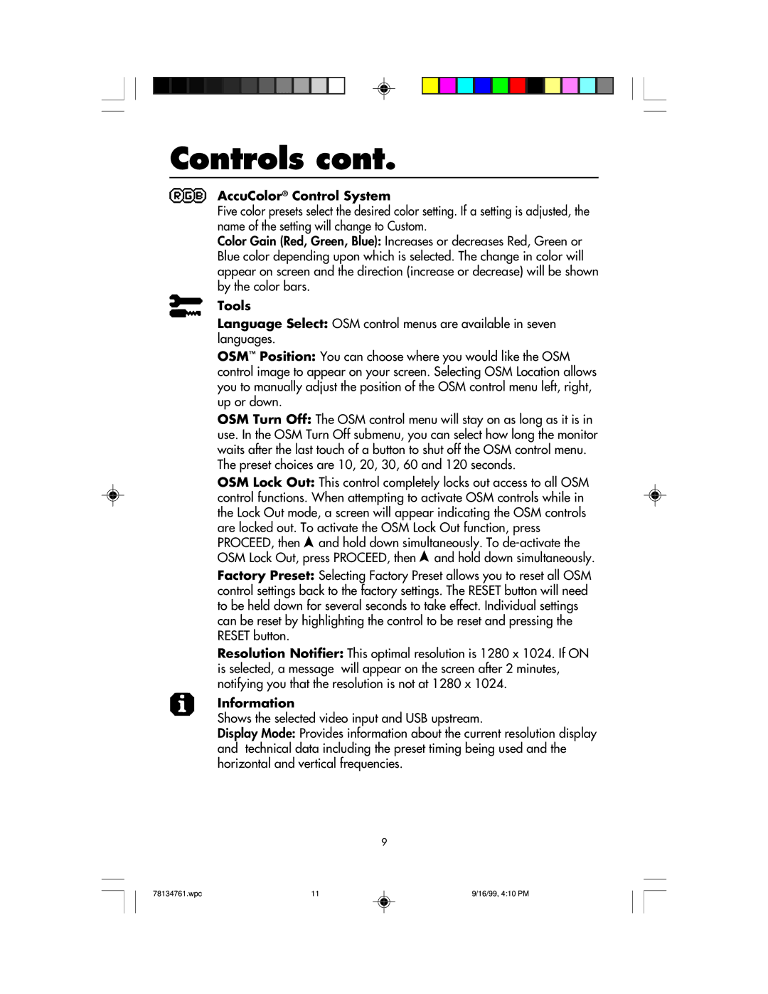 NEC LCD1525S user manual AccuColor Control System, Tools, Information 