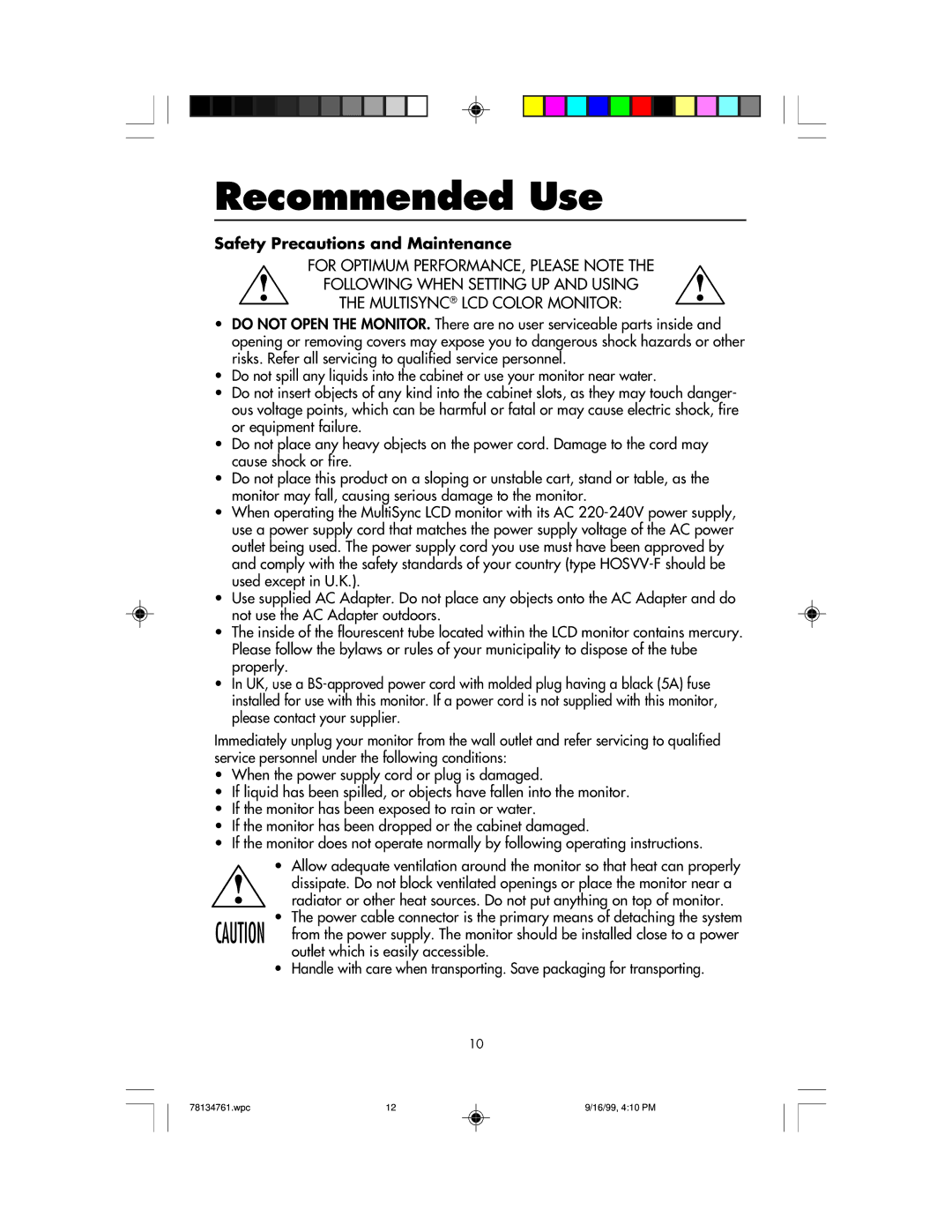 NEC LCD1525S user manual Recommended Use, Safety Precautions and Maintenance 