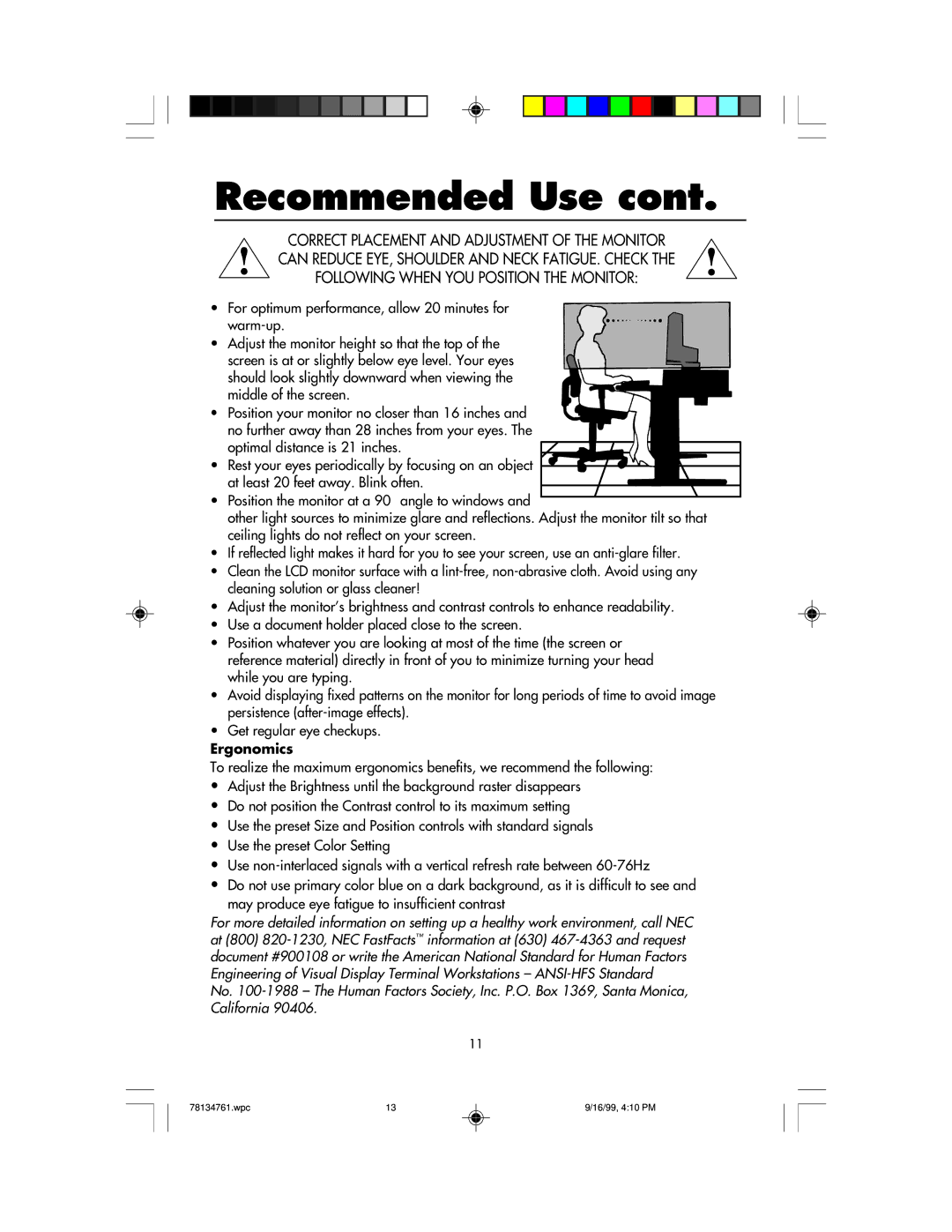 NEC LCD1525S user manual Ergonomics 